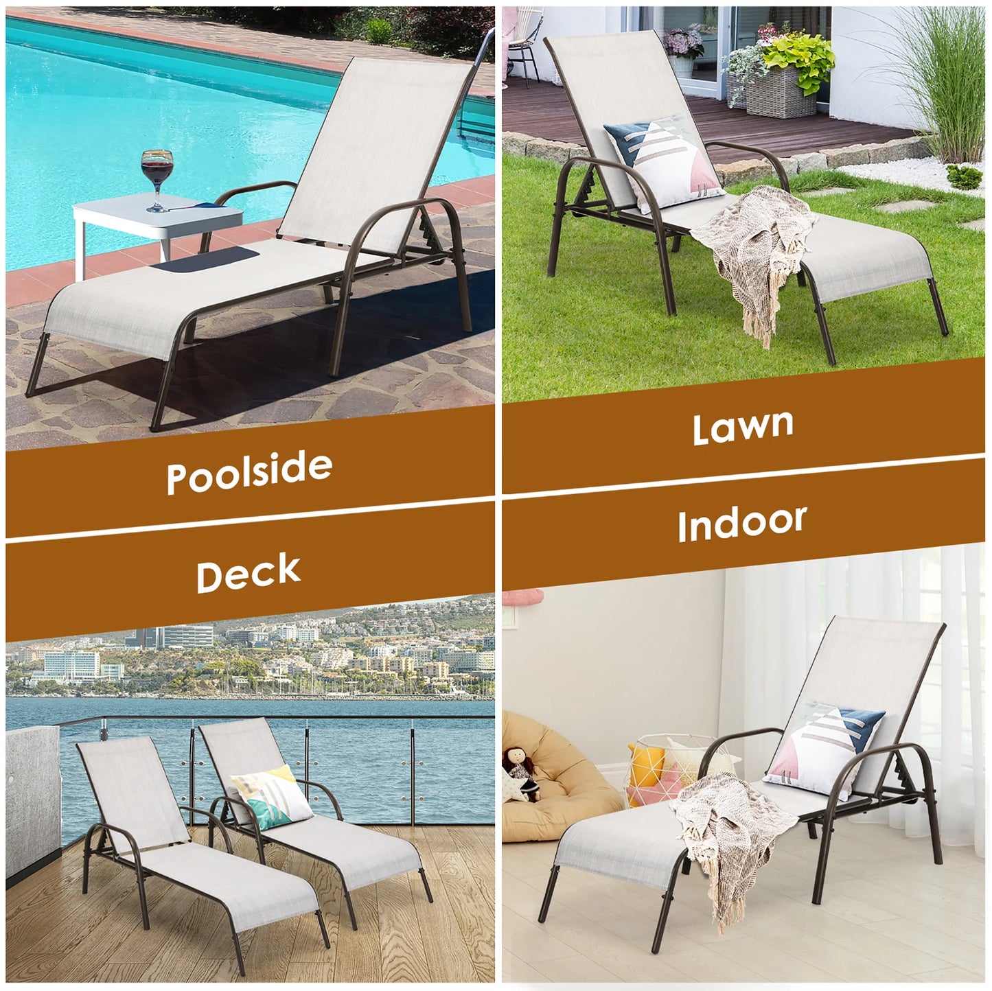 2PCS Patio Lounge Chair Chaise Adjustable Reclining Armrest Gray