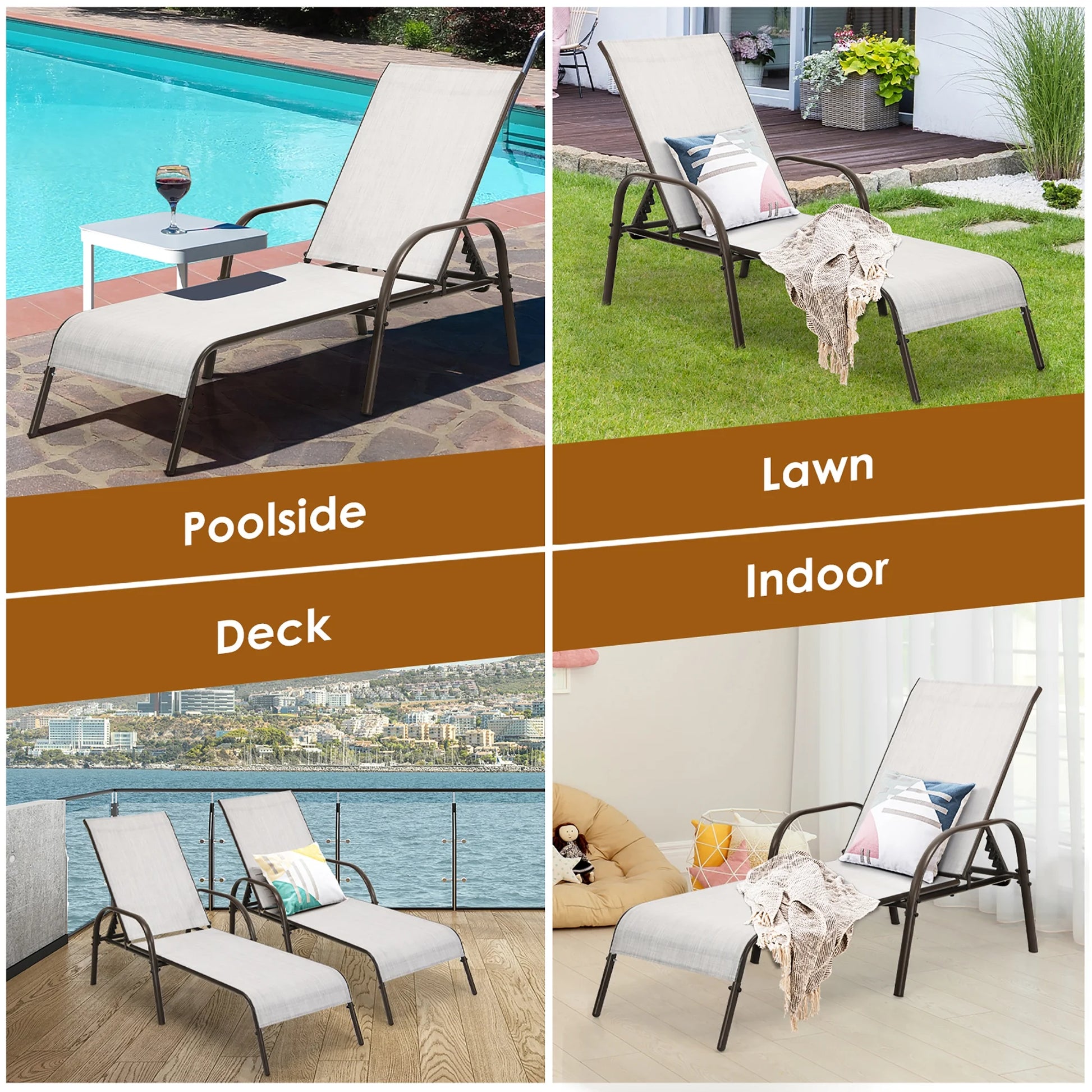 2PCS Patio Lounge Chair Chaise Adjustable Reclining Armrest Gray