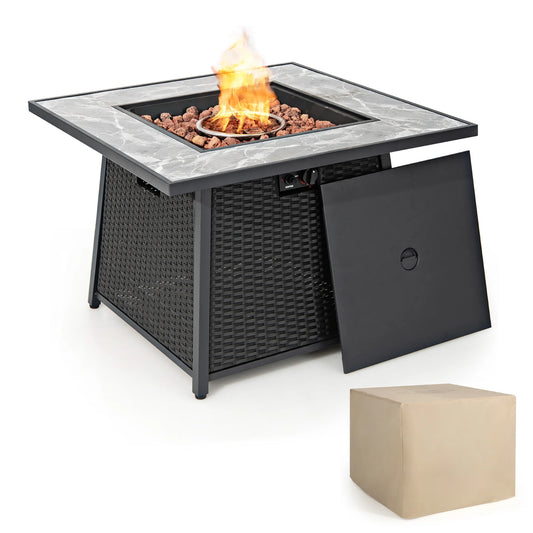 35'' Propane Gas Fire Pit Table Patio PE Wicker Rattan W/ Lava Rocks PVC Cover