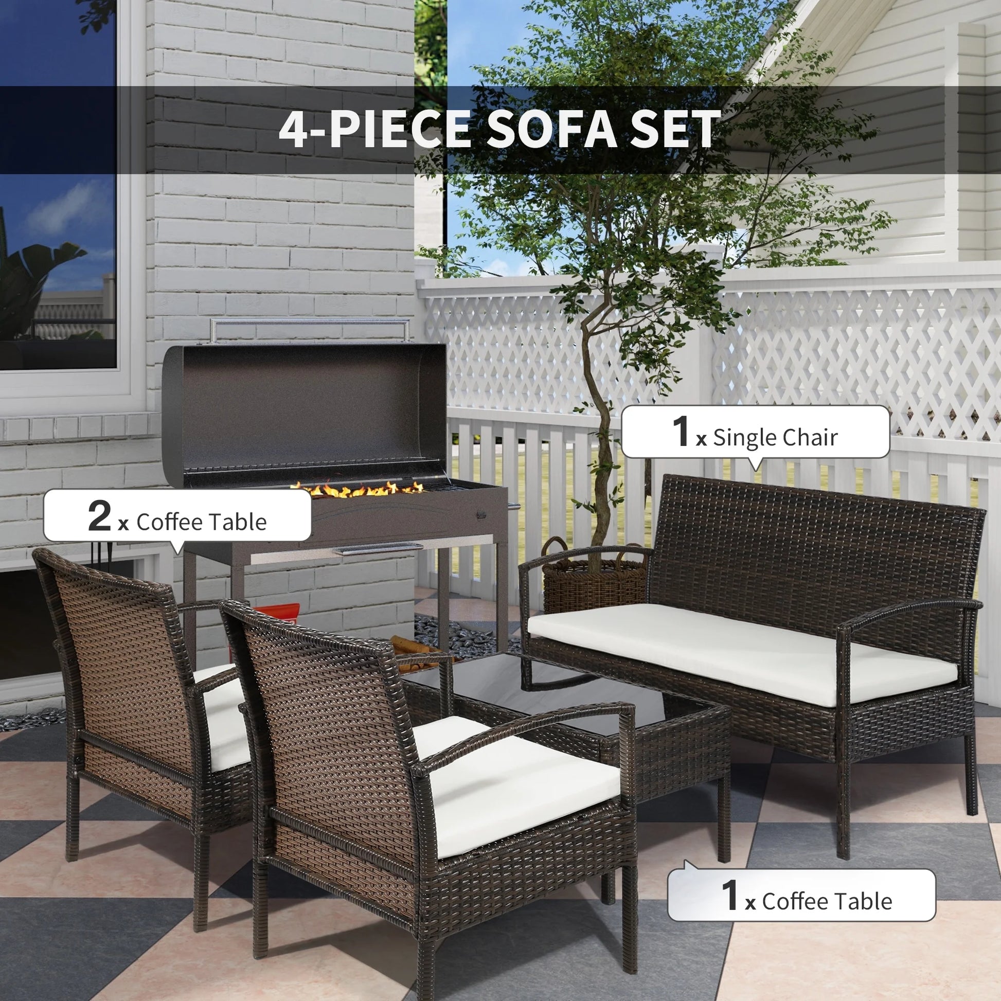 Patio Furniture Set, 4 Piece Indoor Outdoor PE Wicker Conversation Set with Chairs, Loveseat Sofa, Cushions, Glass Table, Brown