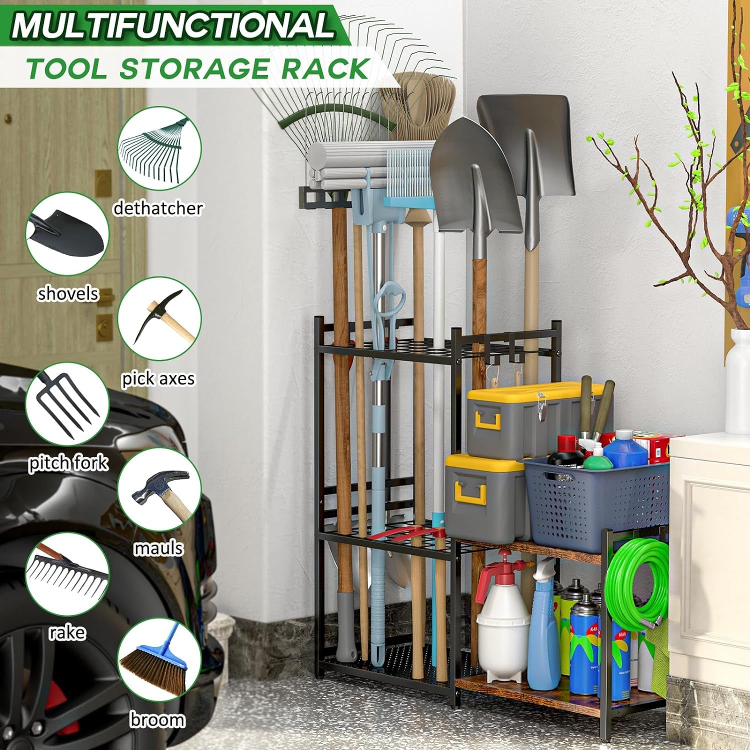 Garage Tool Organizer with 2-Tier Wooden Shelves, Yard Tool Organizer for Garage