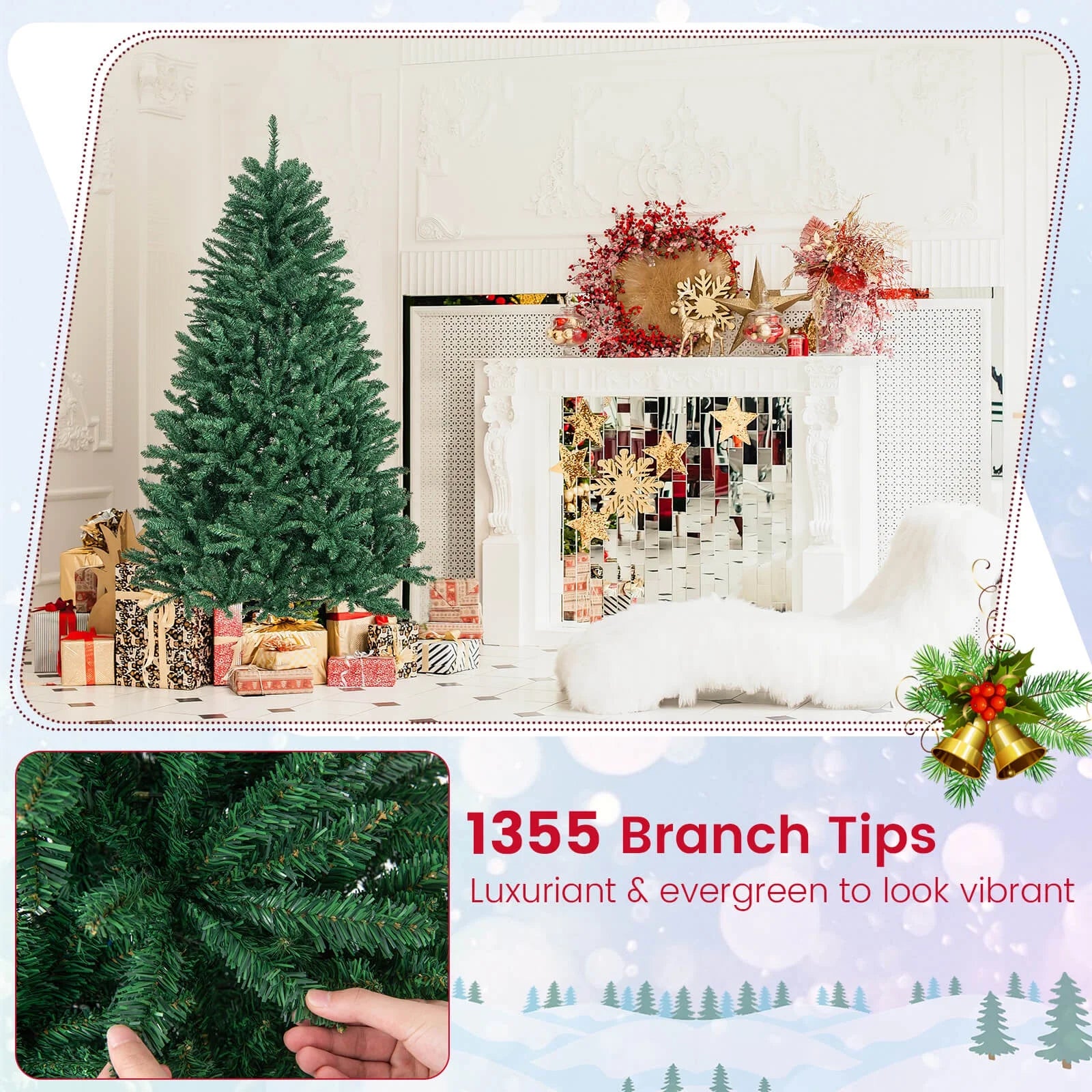 6Ft Hinged Artificial Christmas Tree Unlit Douglas Full Fir Tree W/ 1355 Tips