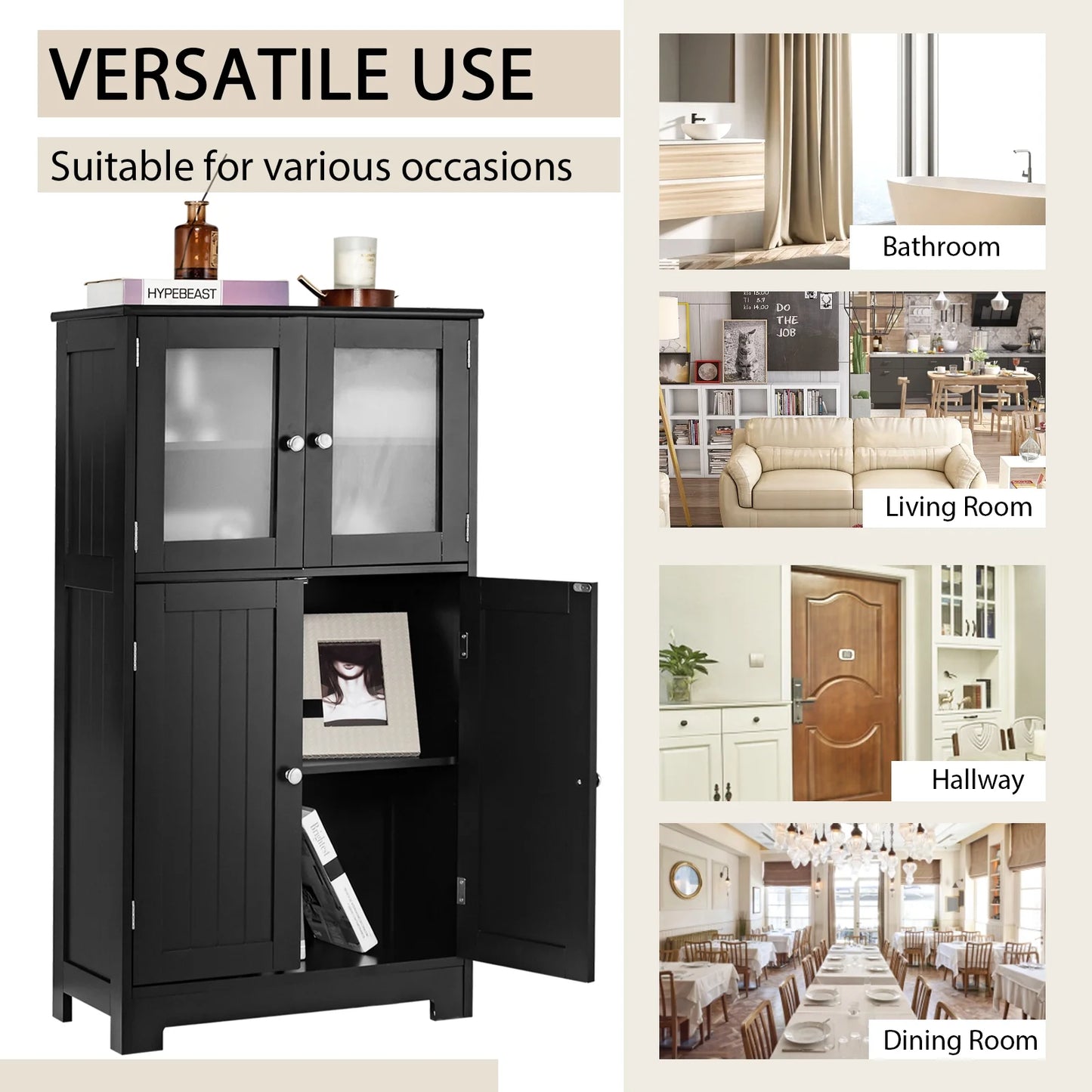 Bathroom Floor Storage Cabinet Kitchen Cupboard W/Doors&Adjustable Shelf Black