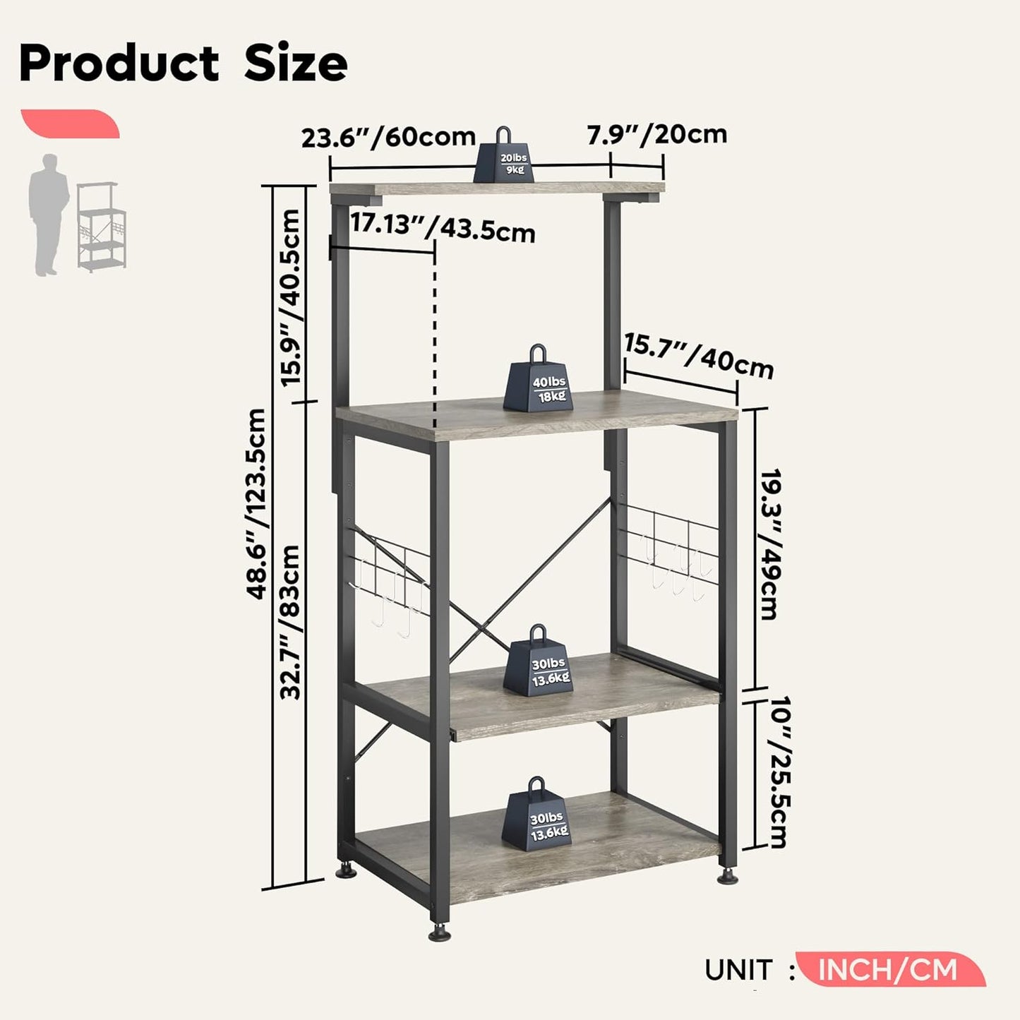 Kitchen Bakers Rack Microwave Stand Kitchen Cart on Wheels Utility Storage Shelf with 10 Side Hooks Kitchen Organizer Shelves with Adjustable Feet