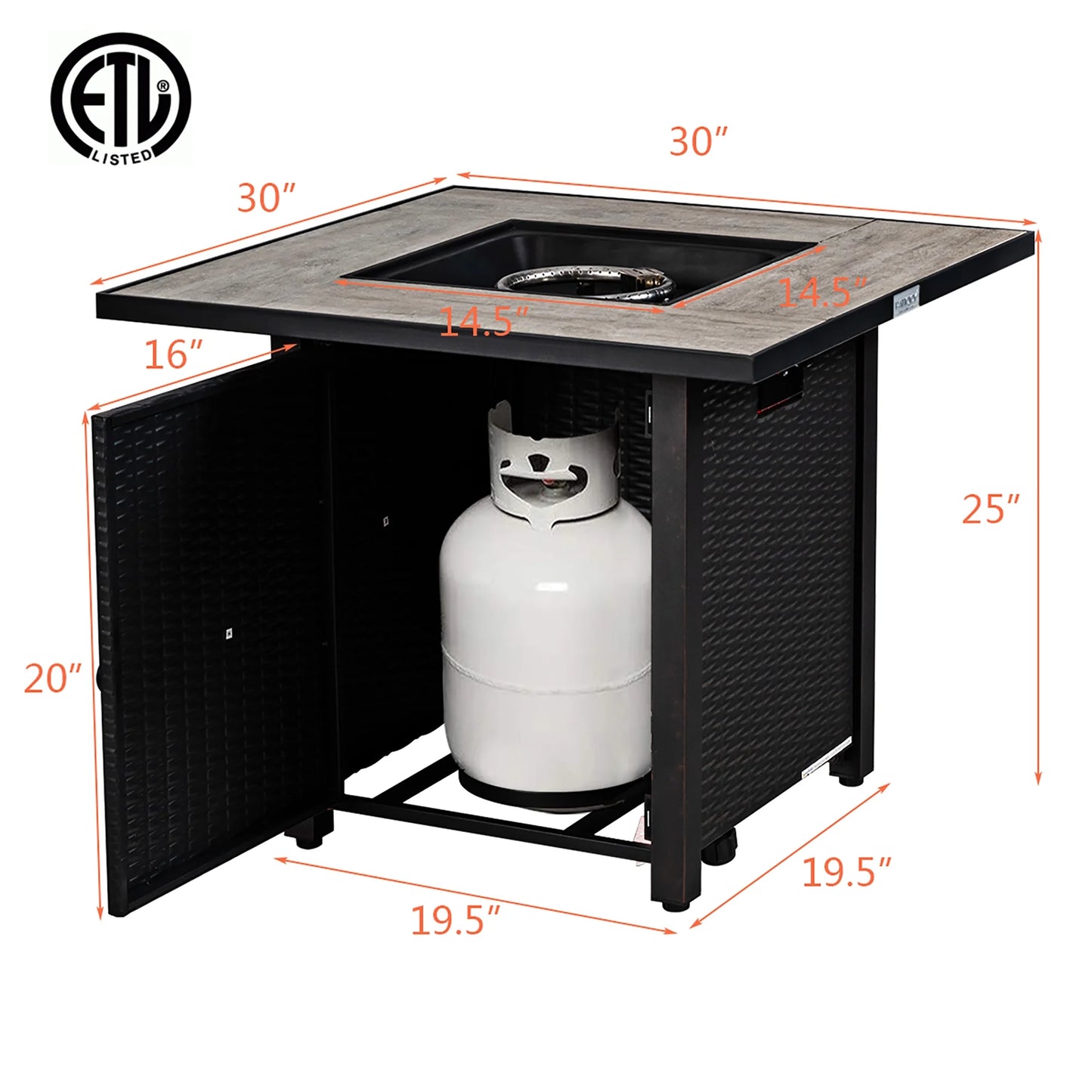30'' Square Propane Gas Fire Pit Table Ceramic Tabletop 50,000 BTU with Cover