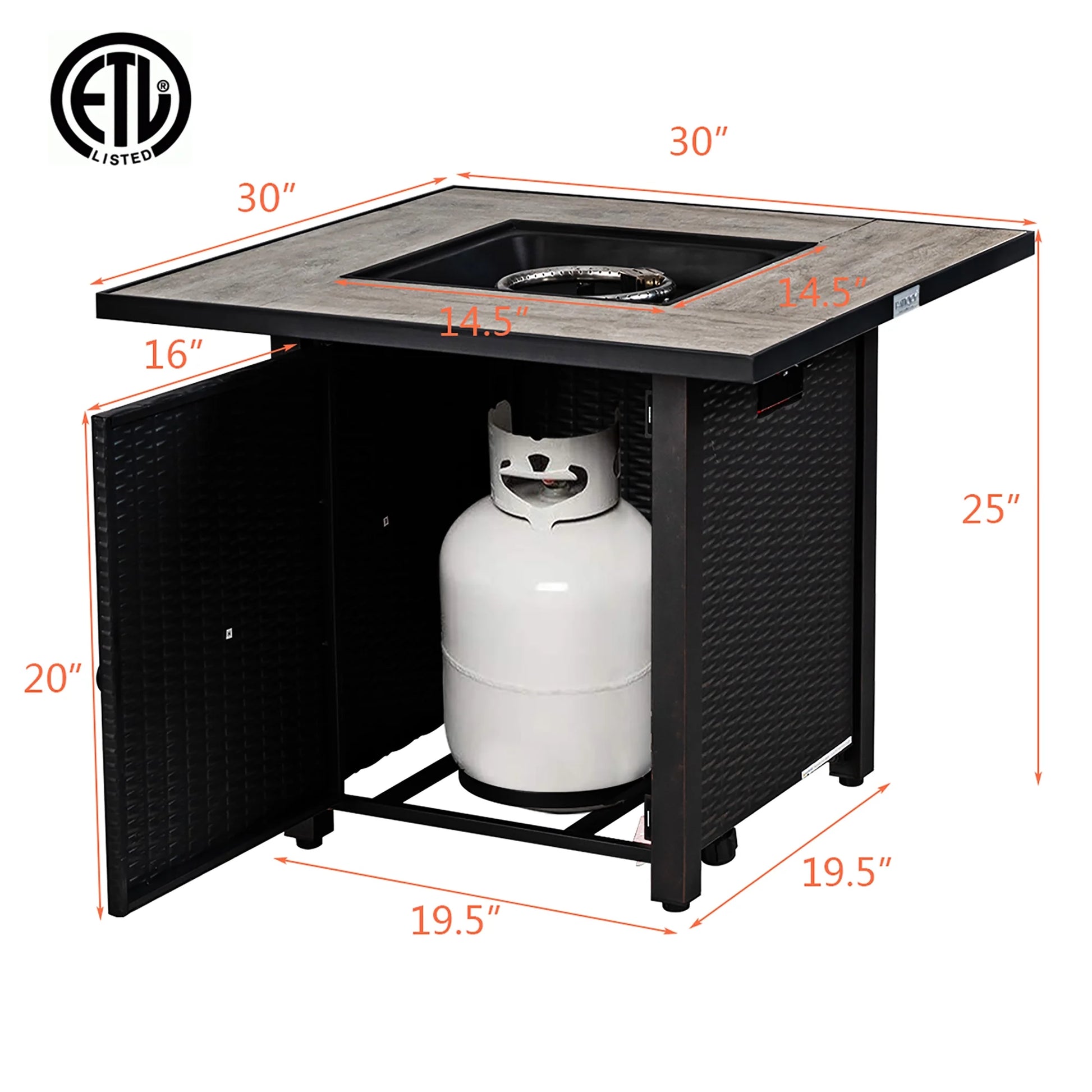 30'' Square Propane Gas Fire Pit Table Ceramic Tabletop 50,000 BTU with Cover