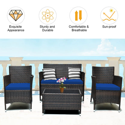 4PCS Rattan Patio Furniture Set Cushioned Sofa Chair Coffee Table Navy