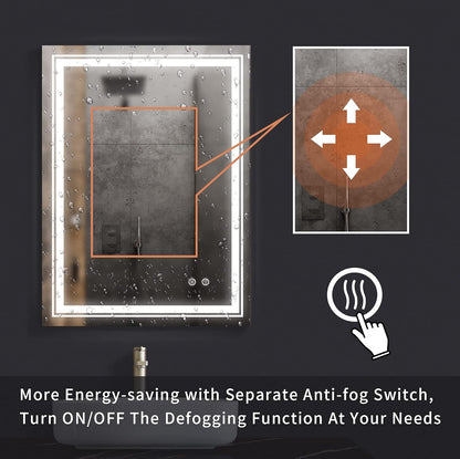 Bathroom LED Mirror 24" X 32" Frameless Wall Mounted Vanity Mirror with Dimmable Lights Anti-Fog Makeup Mirror, Horizontally/Vertically Hanging