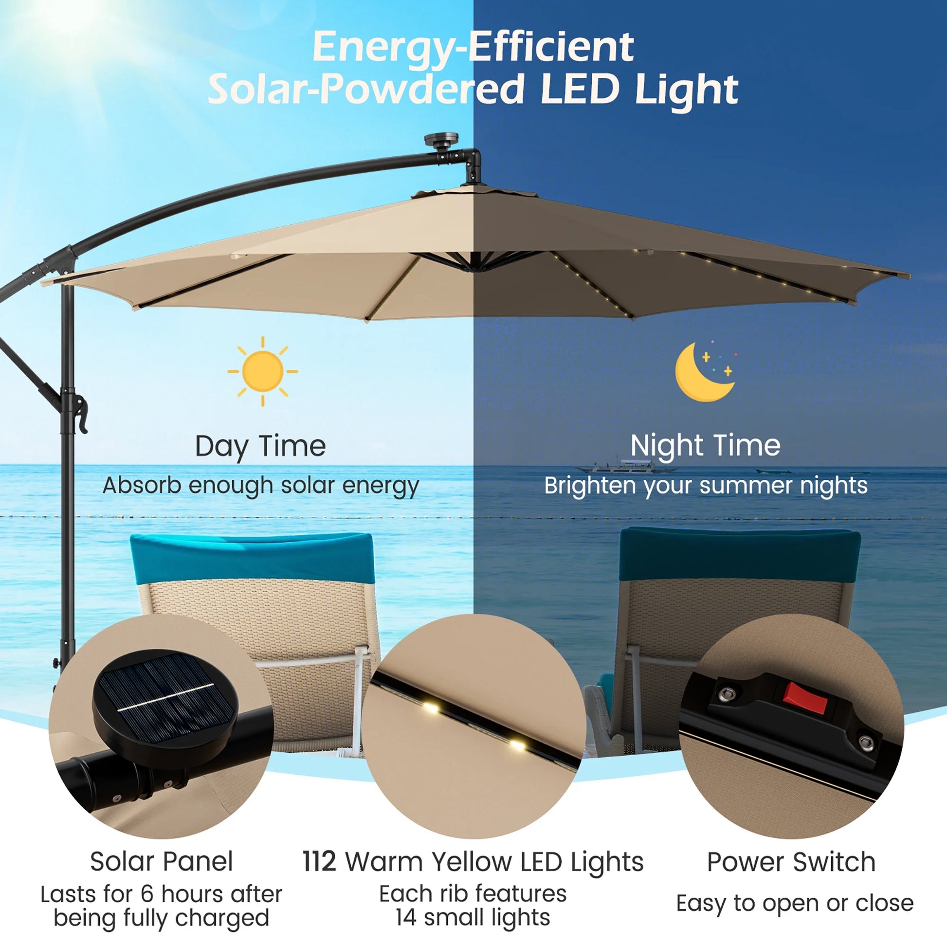 10FT Patio Solar-Lighted 112 LED Cantilever Offset Umbrella Crank Tilt Outdoor Beige