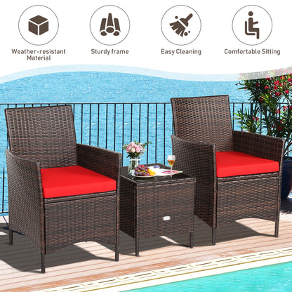 3PCS Patio Rattan Furniture Set Cushioned Sofa Glass Tabletop Deck Red