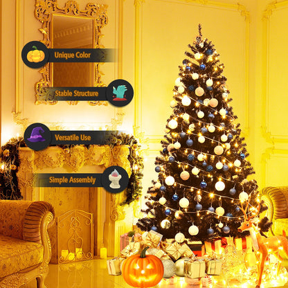 7.5Ft Hinged Artificial Christmas Tree Full Tree W/ Metal Stand Black