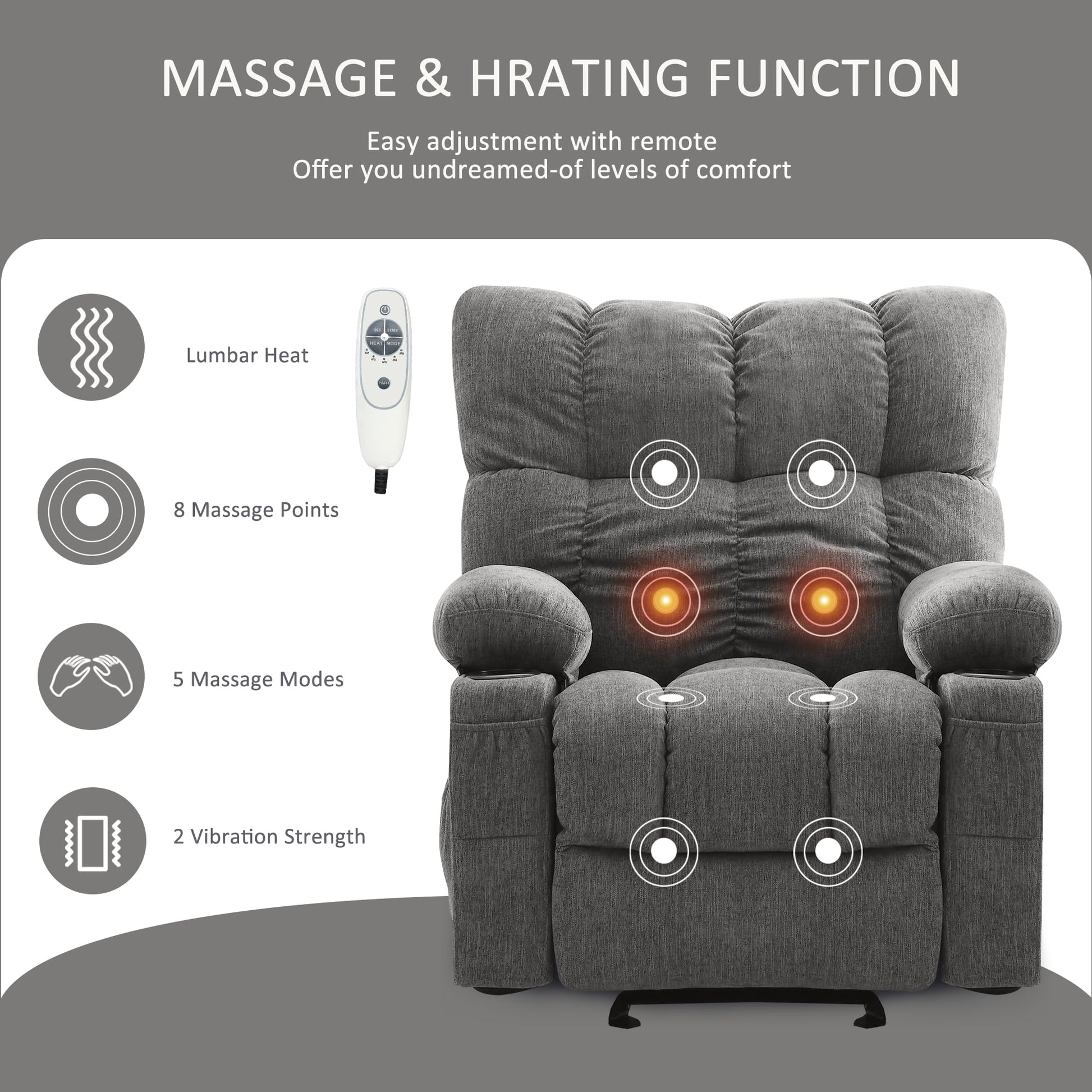 Manual Recliner Chair with Heat Therapy and Massage Function, Heavy Duty Reclining Mechanism Massage Chair, Elderly Single Rocker Sofa with Cup Holders for Bedroom Home Theater,Grey