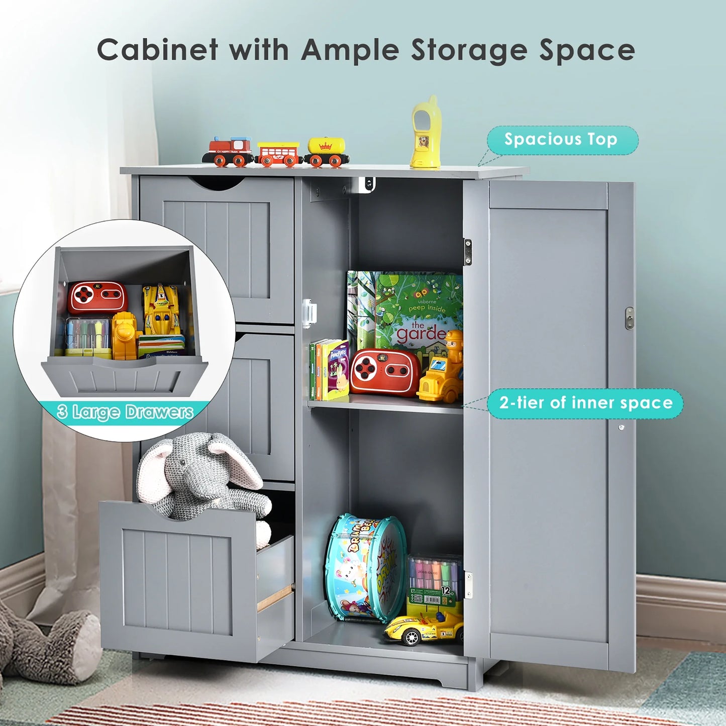 Bathroom Floor Cabinet Side Storage Cabinet with 3 Drawers and 1 Cupboard Grey