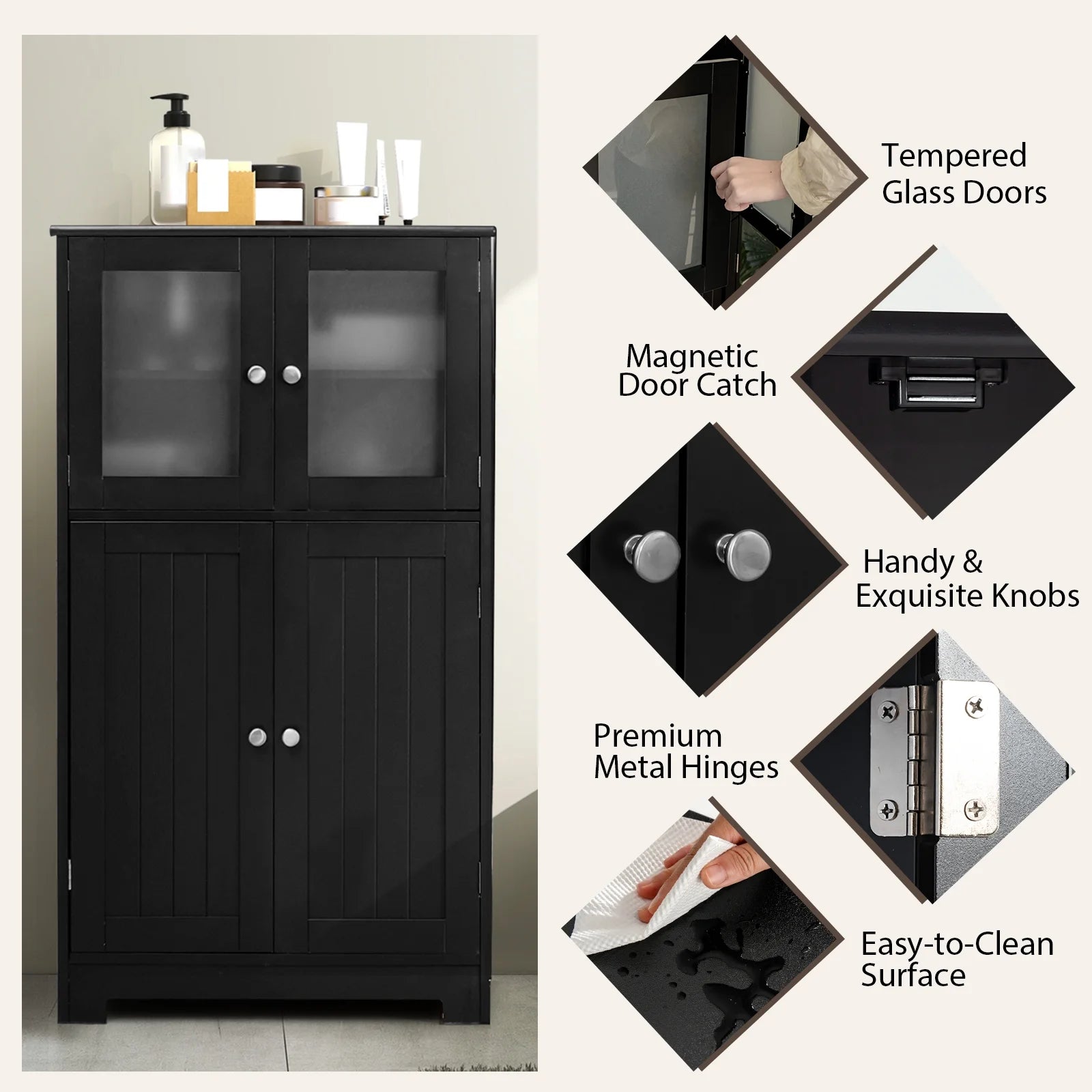 Bathroom Floor Storage Cabinet Kitchen Cupboard W/Doors&Adjustable Shelf Black