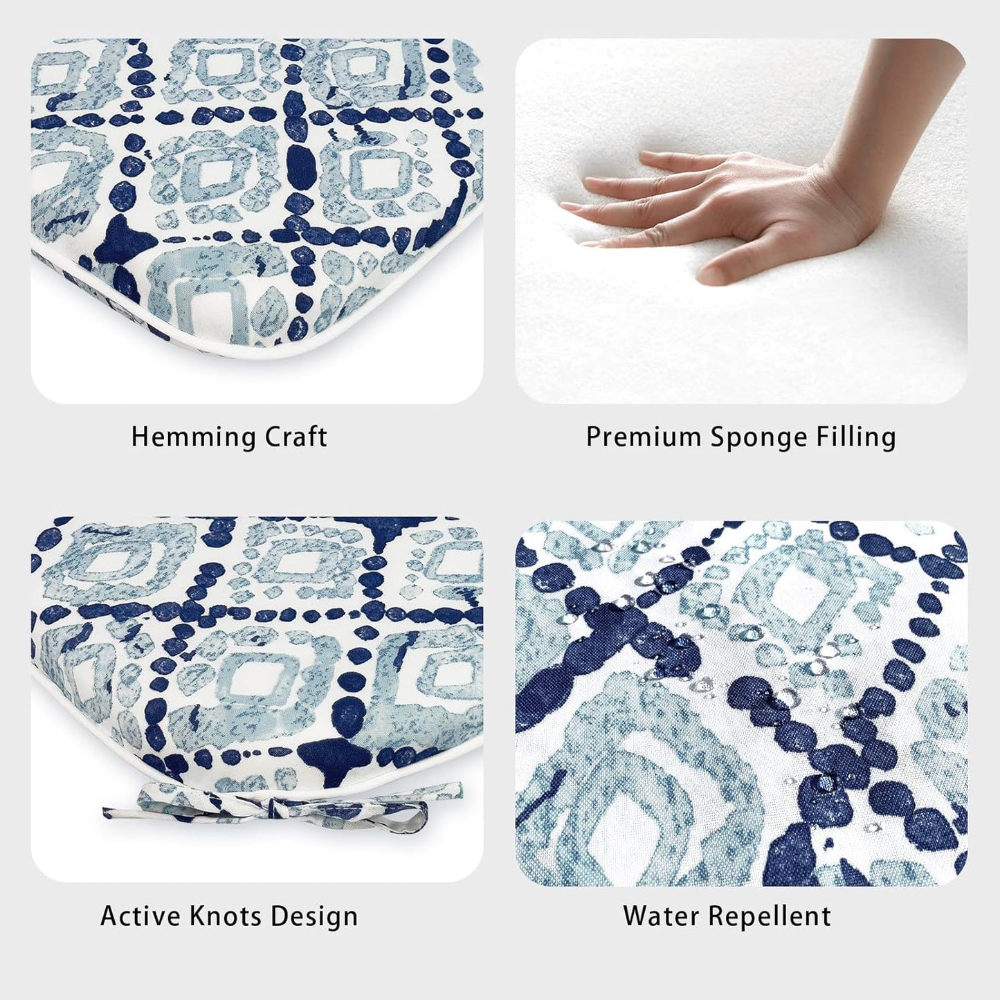 Outdoor Chair Cushions Set of 4, Patio Seat Cushions D16Xw17 with Ties, Water Repellent Chair Pads for Patio Furniture Garden Use, Boho Geometry Blue