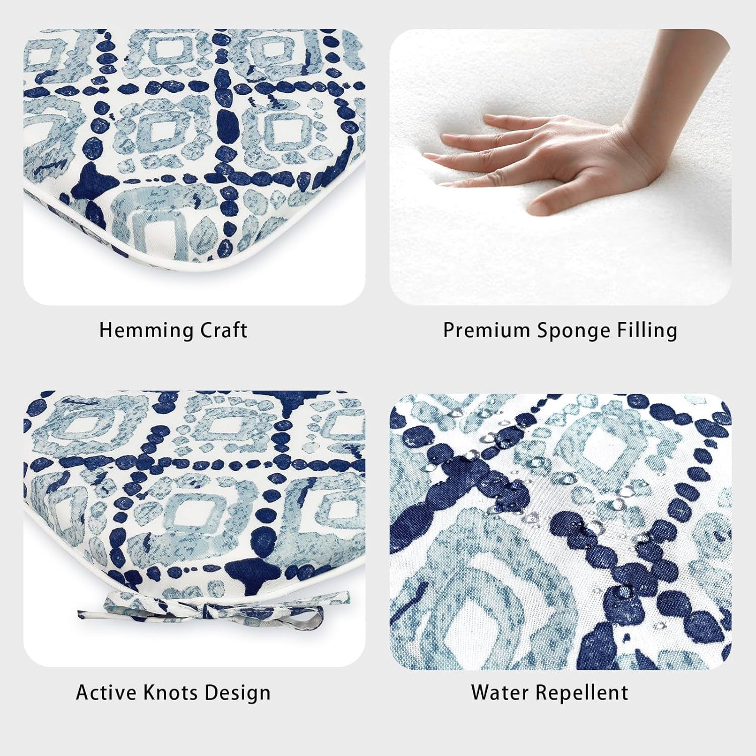 Outdoor Chair Cushions Set of 4, Patio Seat Cushions D16Xw17 with Ties, Water Repellent Chair Pads for Patio Furniture Garden Use, Boho Geometry Blue