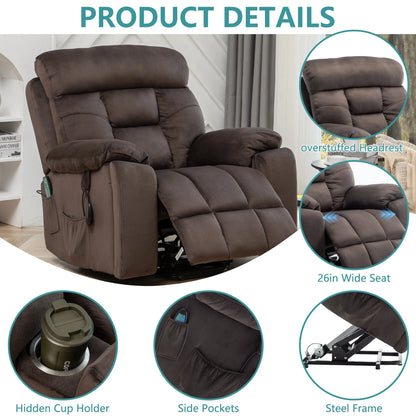 Oversized Massage Recliner Chair with Heat,  Large Electric Power Lift Recliner Chair for Big and Tall and Elderly with Hidden Cup Holder, 350Lb, Home Theater Accent Chairs, Dark Brown
