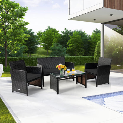 4PCS Patio Rattan Furniture Set Cushioned Chair Sofa Coffee Table Turquoise
