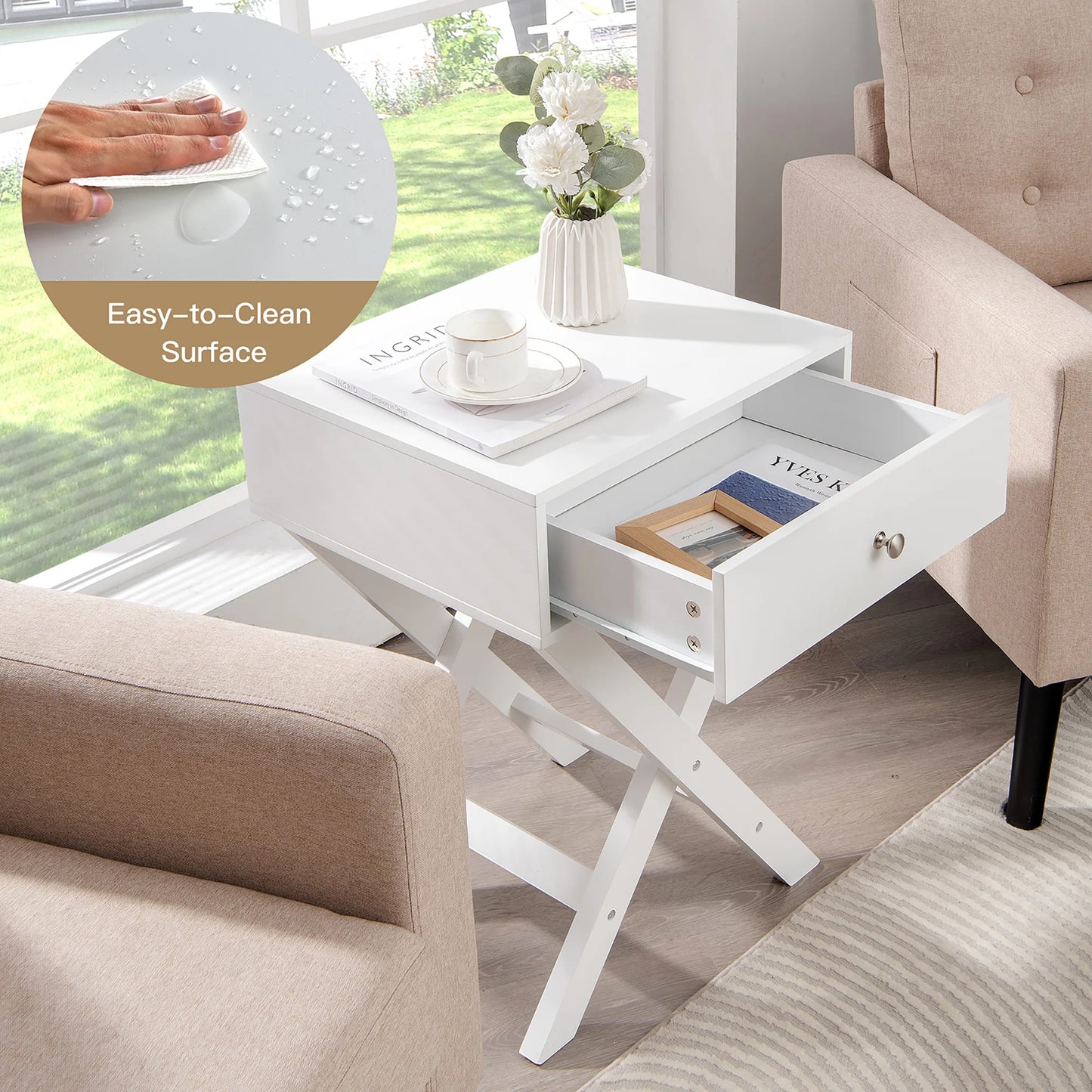 Side Nightstand with Drawer X Shaped Structure Accent Sofa End Table White
