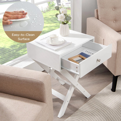 Side Nightstand with Drawer X Shaped Structure Accent Sofa End Table White