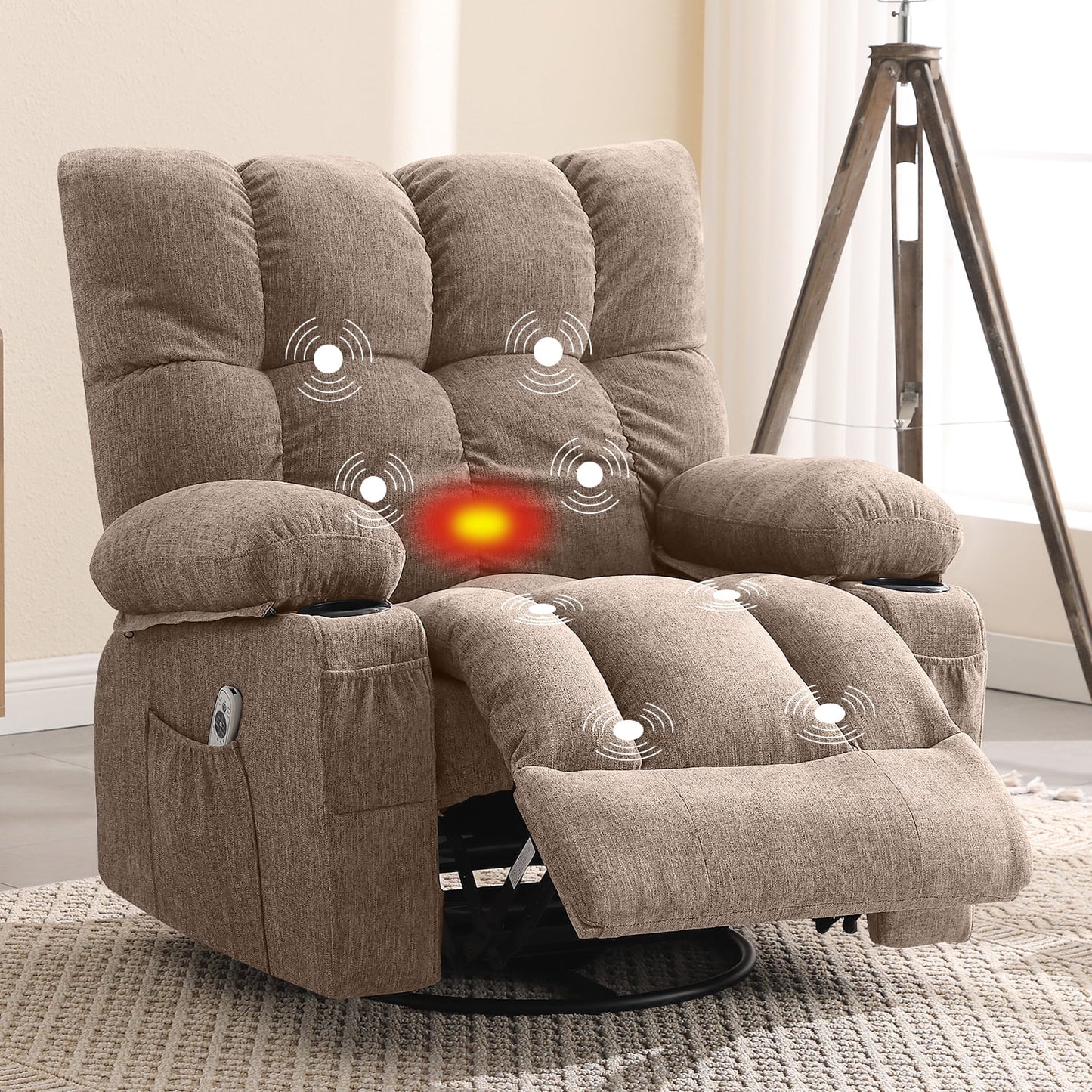 Manual Recliner Chair with Heat Therapy and Massage Function, Heavy Duty Reclining Mechanism Massage Chair, Elderly Single Rocker Sofa with Cup Holders for Bedroom Home Theater,Grey