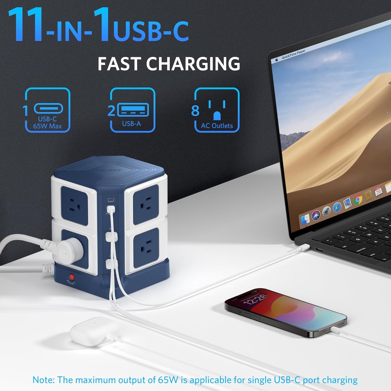 PD 65W USB Power Strip Tower Surge Protector, Desktop Charging Station with 8-Outlet Widely Spaced AC Outlets with 2 USB-A USB-C PD3.0 Ports, 4.9Ft Heavy-Duty Extension Cord for Home Office