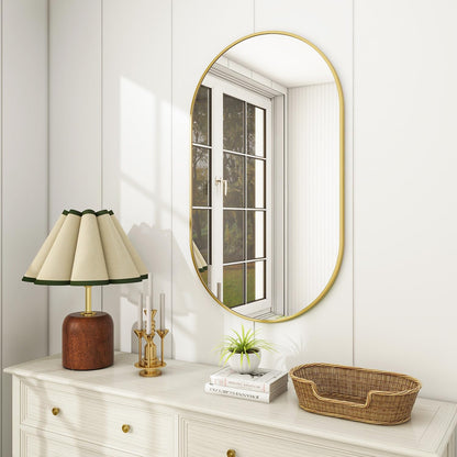 Wall Mounted Mirror, 17"X30" Oval Bathroom Mirror with Metal Frame, Vertical & Horizontal Hang, Ideal for Bedroom, Entryway, Living Room, Gold