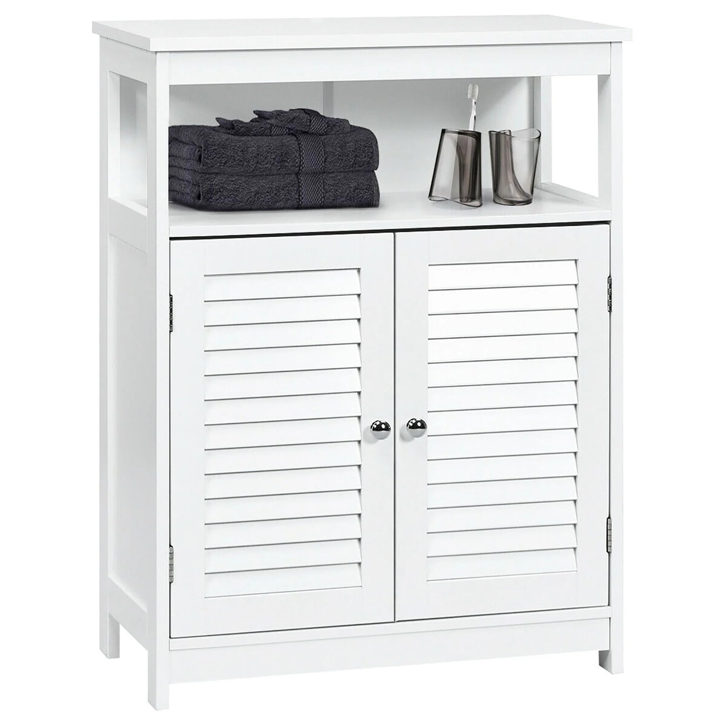 Bathroom Storage Wood Floor Cabinet with Double Shutter Door Coffee