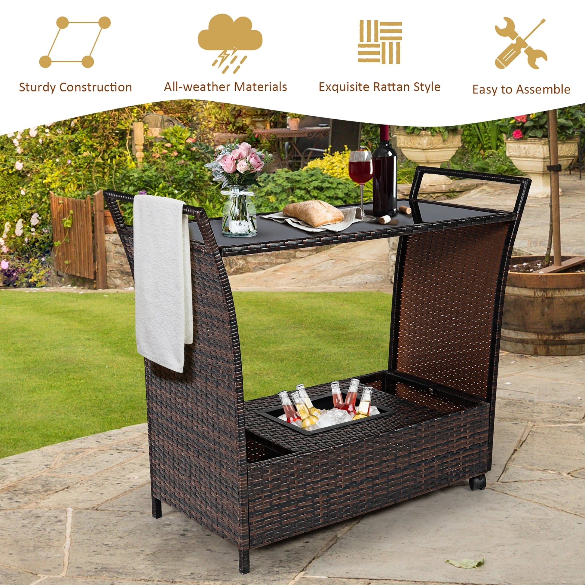 Patio Rolling Rattan Kitchen Trolley Cart Dining Aluminum Frame with Storage Box