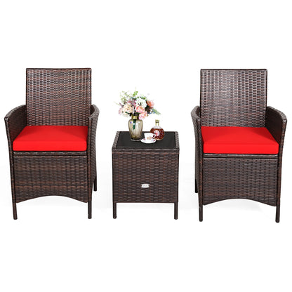 3PCS Patio Rattan Furniture Set Cushioned Sofa Glass Tabletop Deck Red