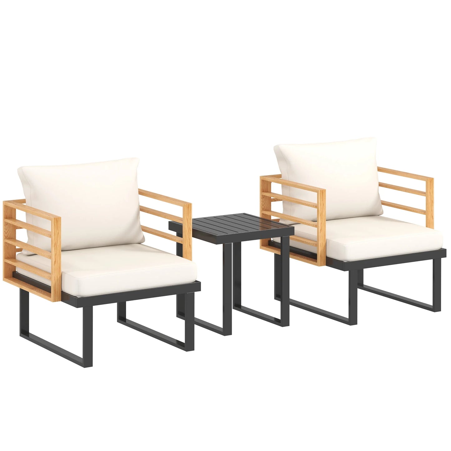 3 Pieces Outdoor Bistro Set, Metal Patio Furniture with Cushions, Armchairs and Slatted Table, Small Patio Set for Balcony, Porch, Beige