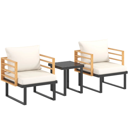 3 Pieces Outdoor Bistro Set, Metal Patio Furniture with Cushions, Armchairs and Slatted Table, Small Patio Set for Balcony, Porch, Beige