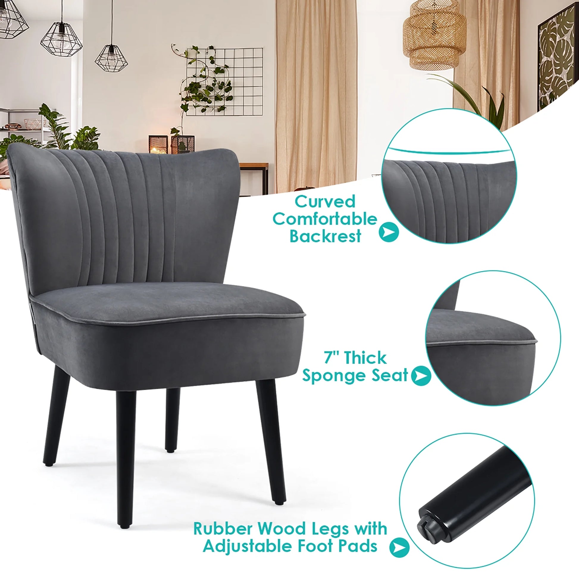 Set of 2 Armless Accent Chair Upholstered Leisure Chair Single Sofa Turquoise\Stone Grey\ Dark Grey