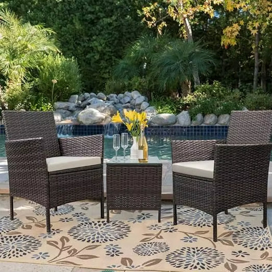 3 Pieces Patio Furniture Sets Outdoor Patio Chairs Set of 2 PE Rattan Wicker Chairs with Table for Garden Porch Lawn Poolside(B