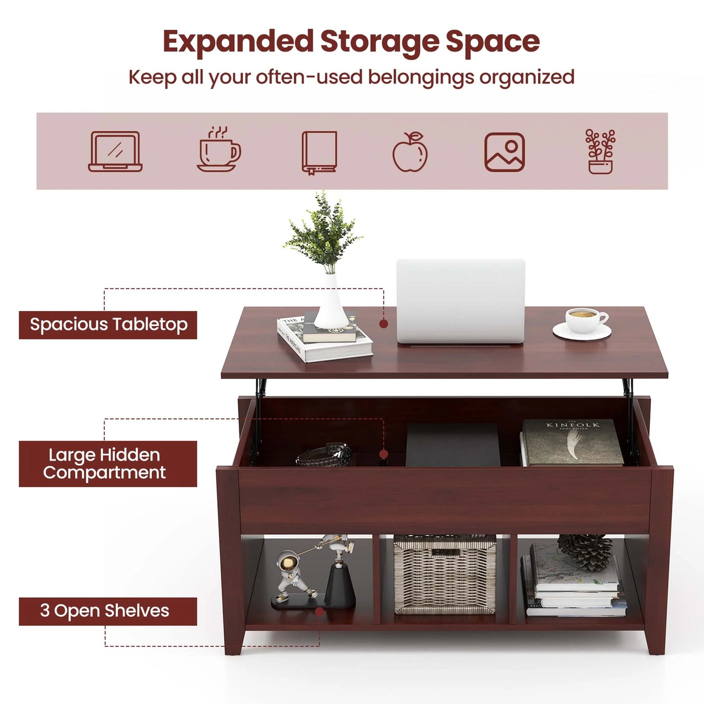 Lift Top Coffee Table W/ Hidden Compartment and Storage Shelves Modern Furniture Brown