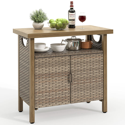Outdoor Storage Cabinet Patio Wicker Bar Counter Table 2 Doors Backyard Patio