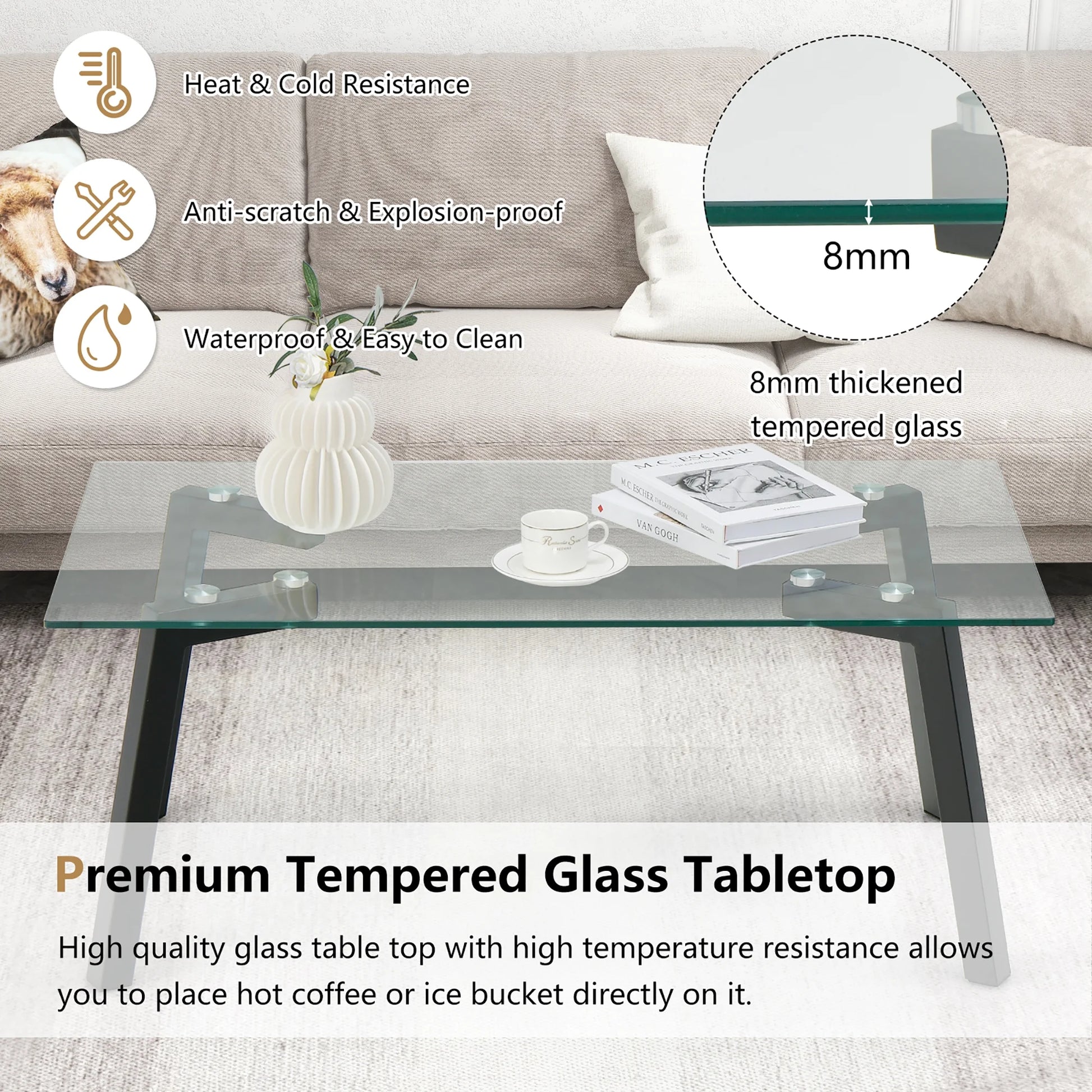 Tempered Glass Coffee Table Modern Center Table with Metal Frame for Living Room