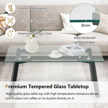 Tempered Glass Coffee Table Modern Center Table with Metal Frame for Living Room