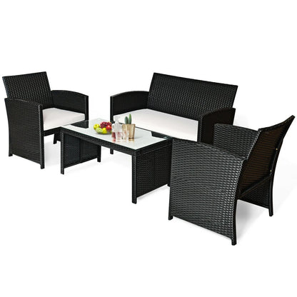 4-Piece Rattan Outdoor Conversation Set with Sofa and Coffee Table, Black