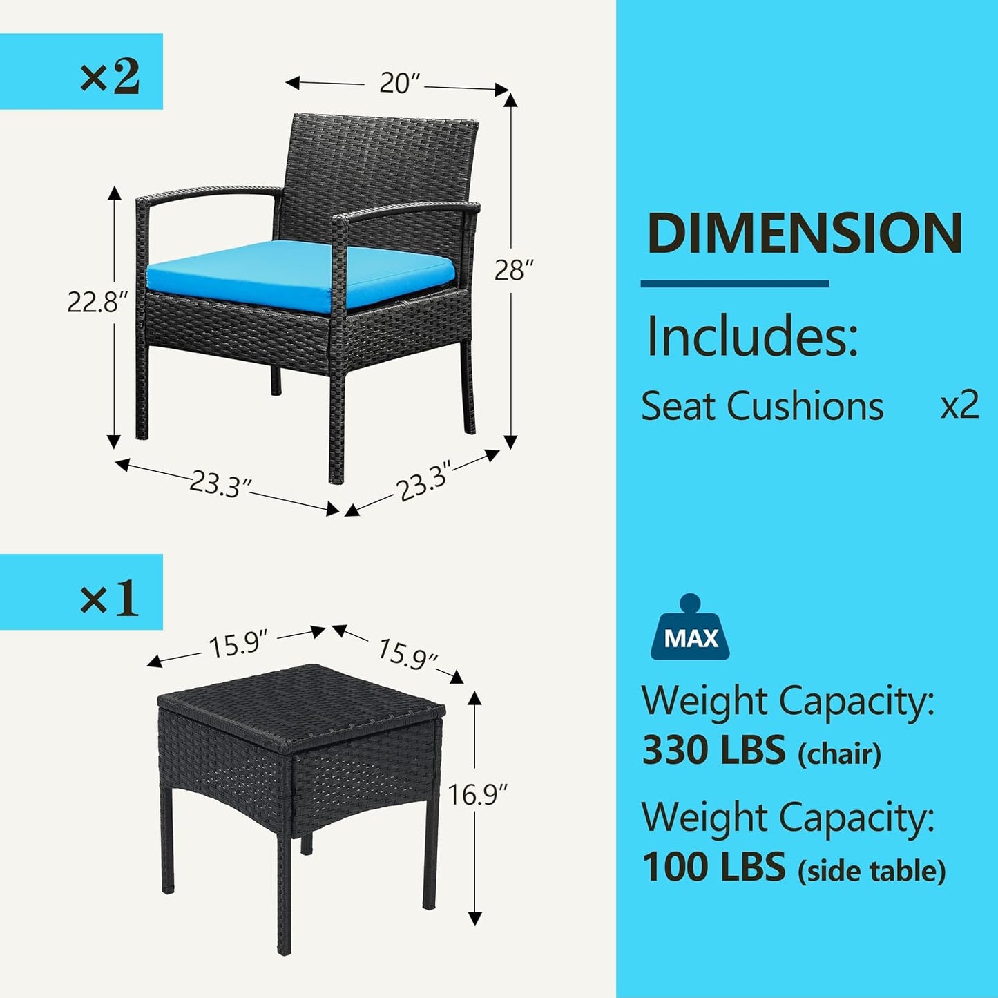 Patio Porch Furniture Set, 3 PCS Outdoor Patio Furniture with Rattan Chairs, Table, Blue Cushions for Garden Porch Balcony Yard