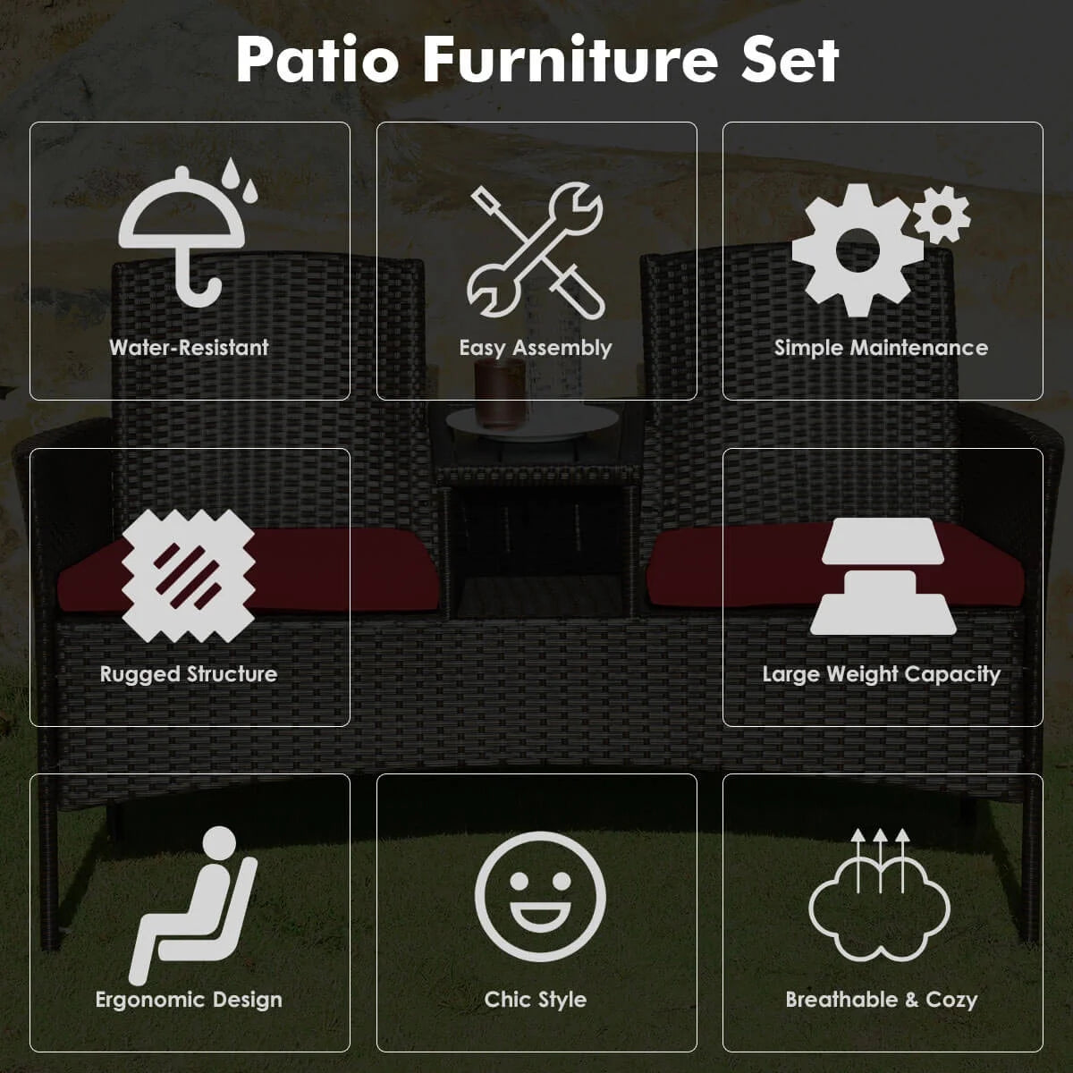 Patio Rattan Conversation Set Seat Sofa Cushioned Loveseat Glass Table Chair Red