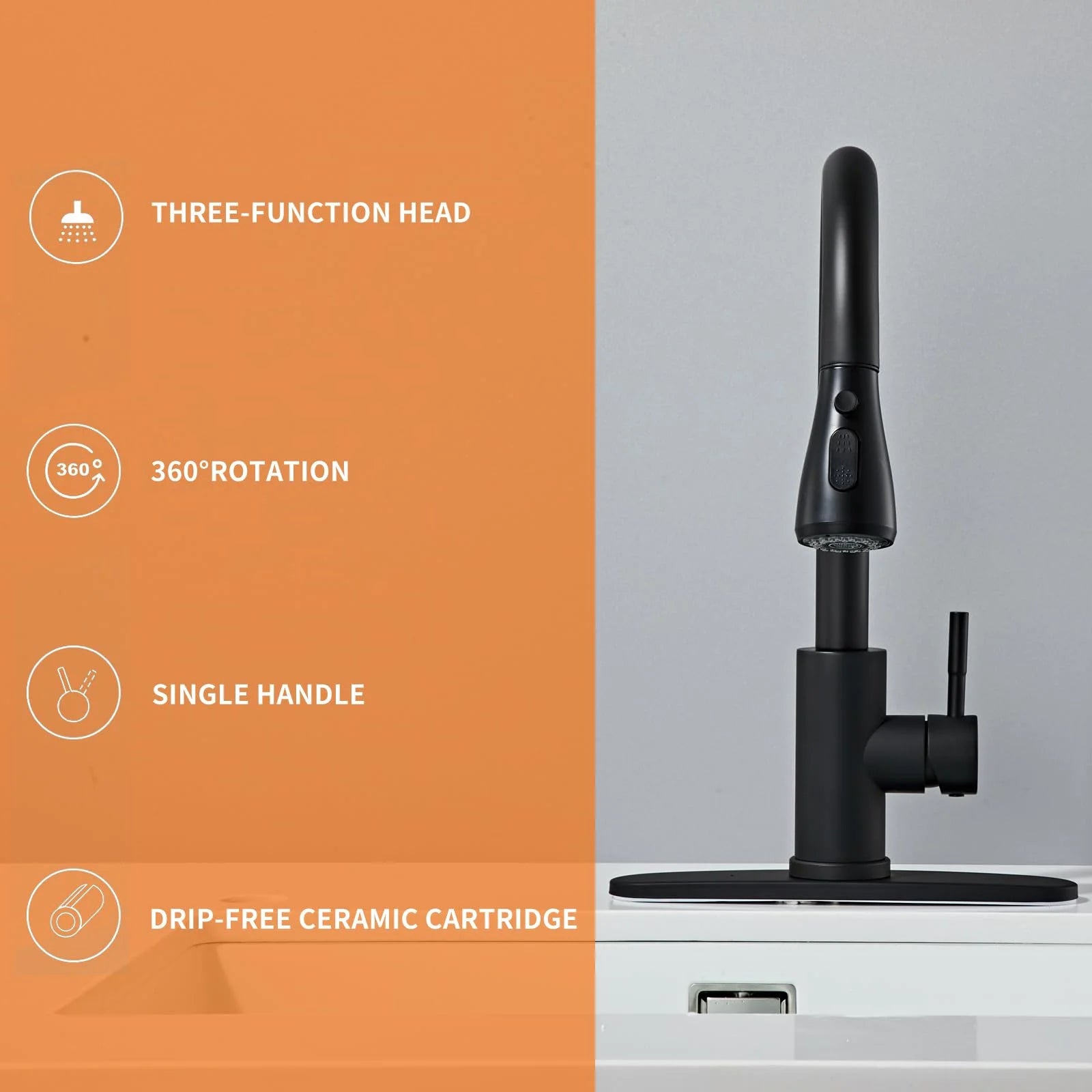 VQJTCVLY Black Kitchen Faucets, Waterfall Kitchen Sink Faucet, Commercial Utility Stainless Steel Kitchen Faucets,Single Handle Kitchen Sink Faucet for 3 Function