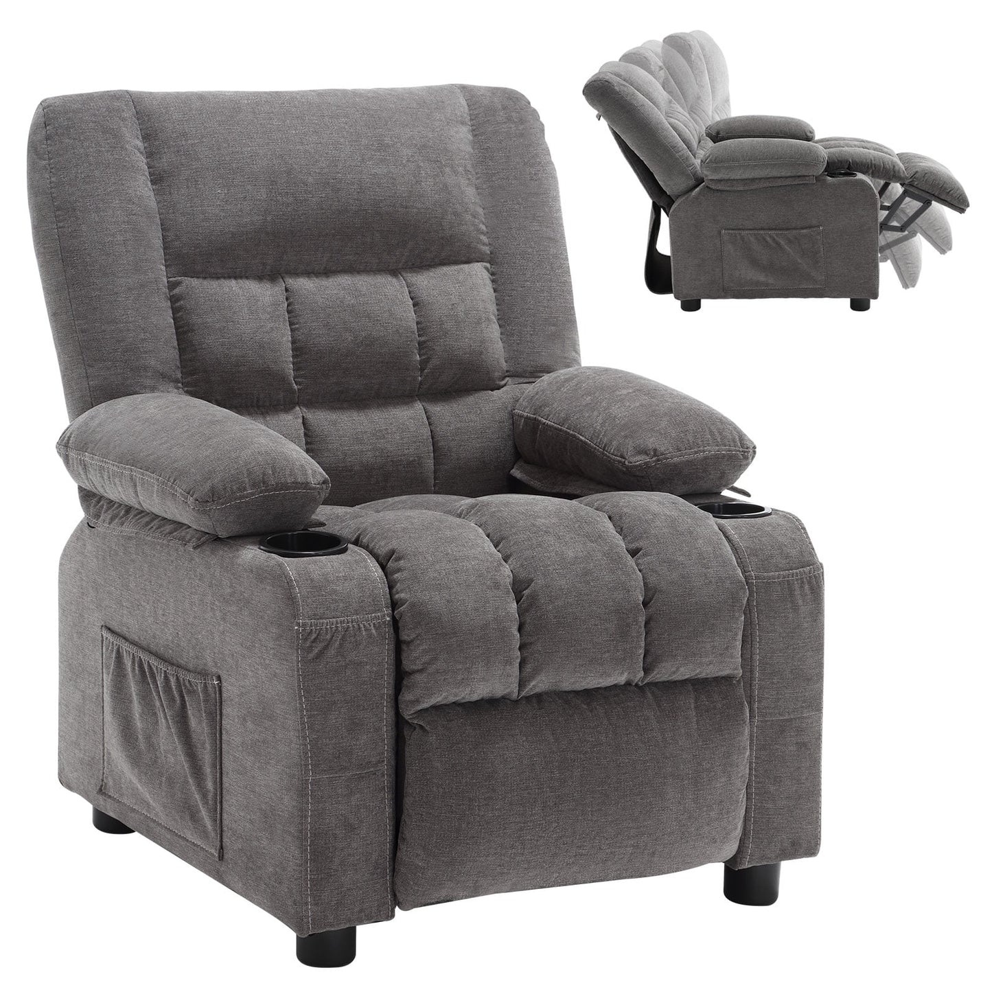 Kids Recliner Chair,Push Back Toddler Recliner with Cup Holders & Side Pockets,Adjustable Footrest & Headrest Kids Sofa for Boys Girls 3+ Age Group, Grey