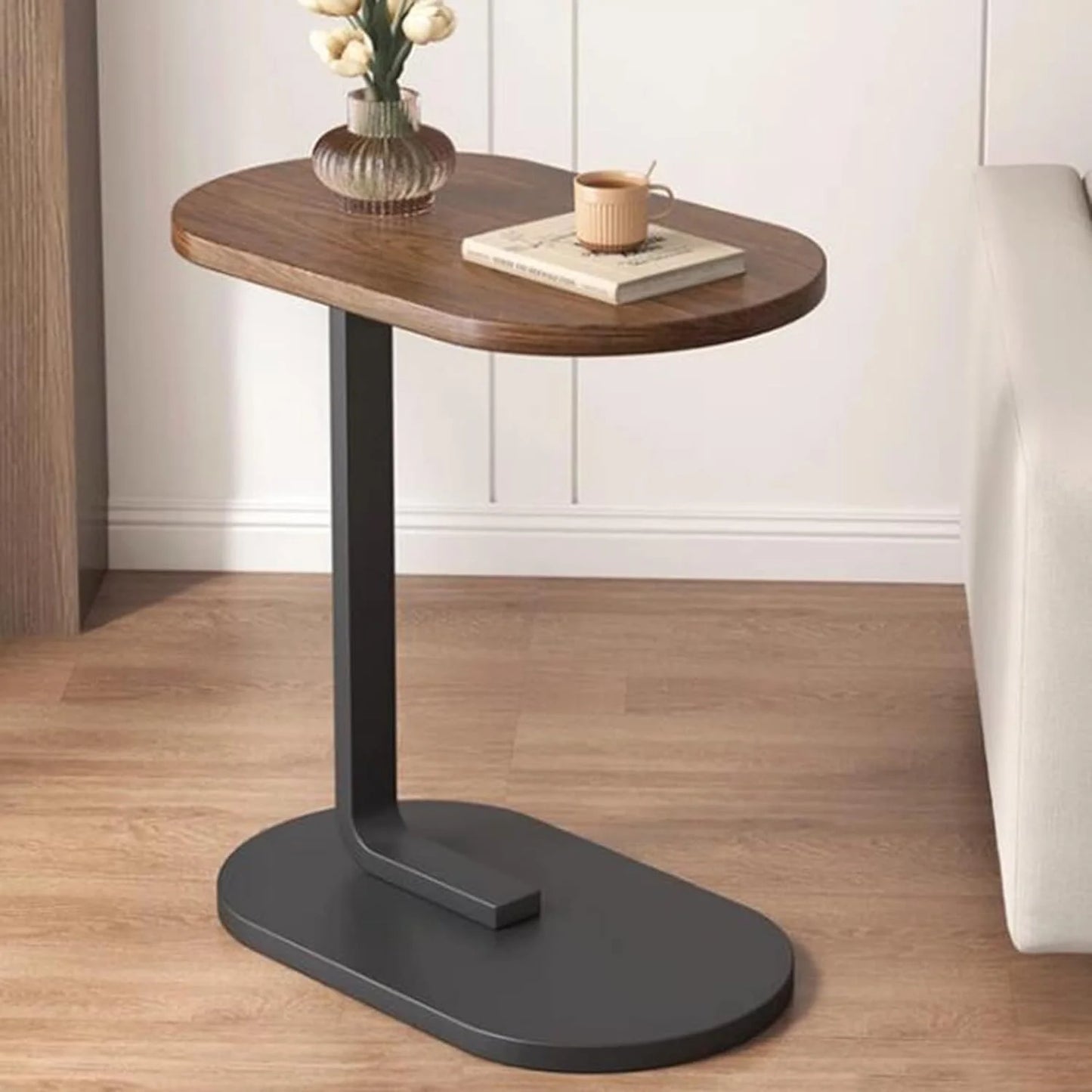 C-Shaped End Table Small Couch Side Table for Sofa Bedside Living Room Bedroom Furniture, 12" W X 18 L X 24.5" H, Walnut & Black