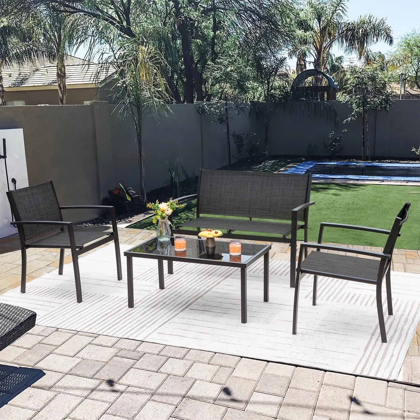 4 Pieces Patio Furniture Outdoor Furniture Outdoor Patio Furniture Set Textilene Bistro Set Modern Conversation Set Black Bistro Set with Loveseat Tea Table, Grey