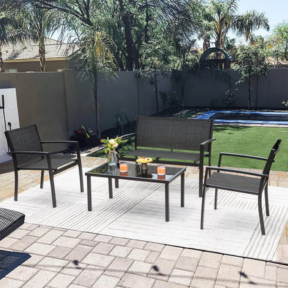 4 Pieces Patio Furniture Outdoor Furniture Outdoor Patio Furniture Set Textilene Bistro Set Modern Conversation Set Black Bistro Set with Loveseat Tea Table, Grey