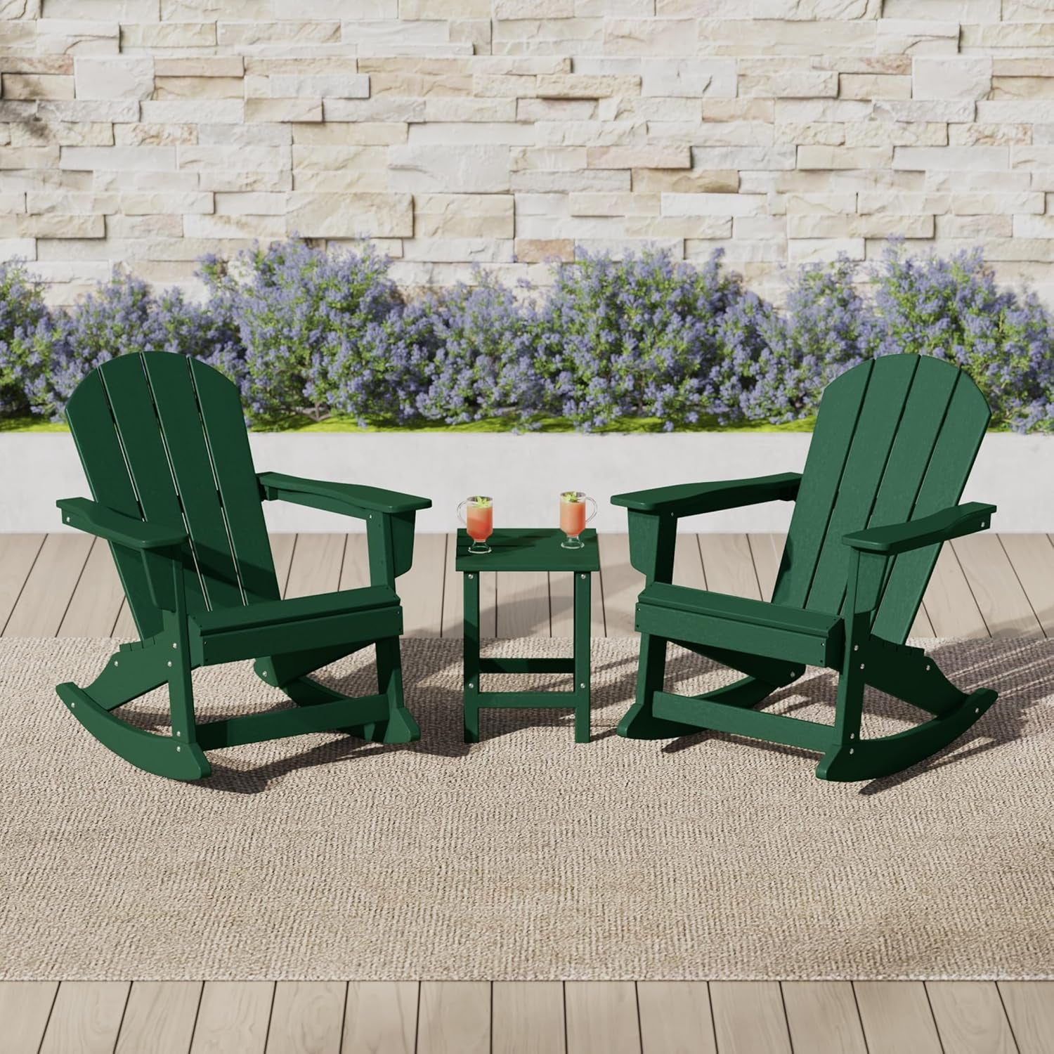 WO Home Furniture Adirondack Chair Table Set of 2 PCS Outdoor Folding Chair W Side Table Weather/Uv Resistant for Lawn, Garden, Bon Fire, Balcony (Dark Green)