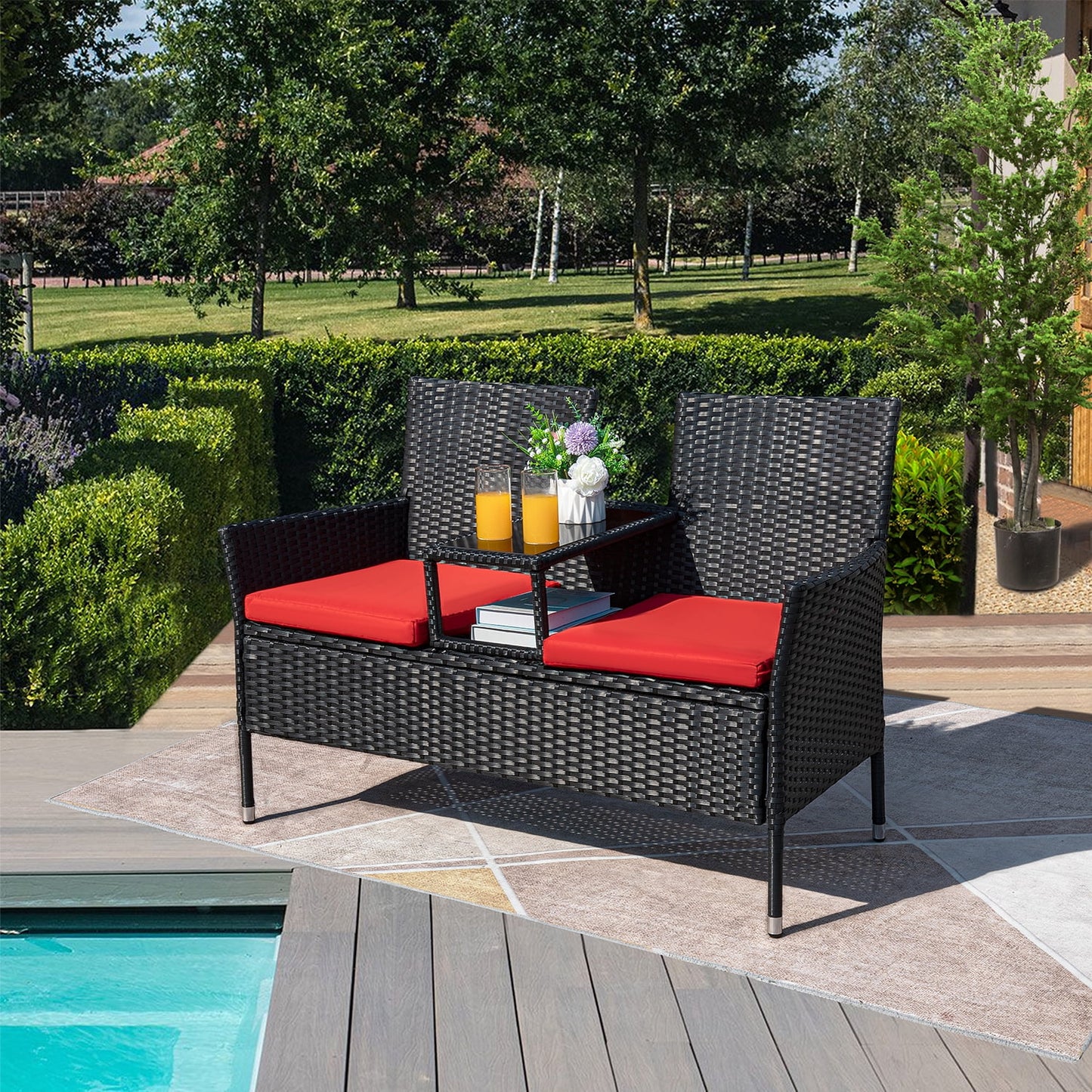 Outdoor Patio Loveseat Modern Rattan Patio Conversation Furniture Set with Cushions and Built-In Coffee Table Porch Furniture for Garden Lawn Backyard, Red