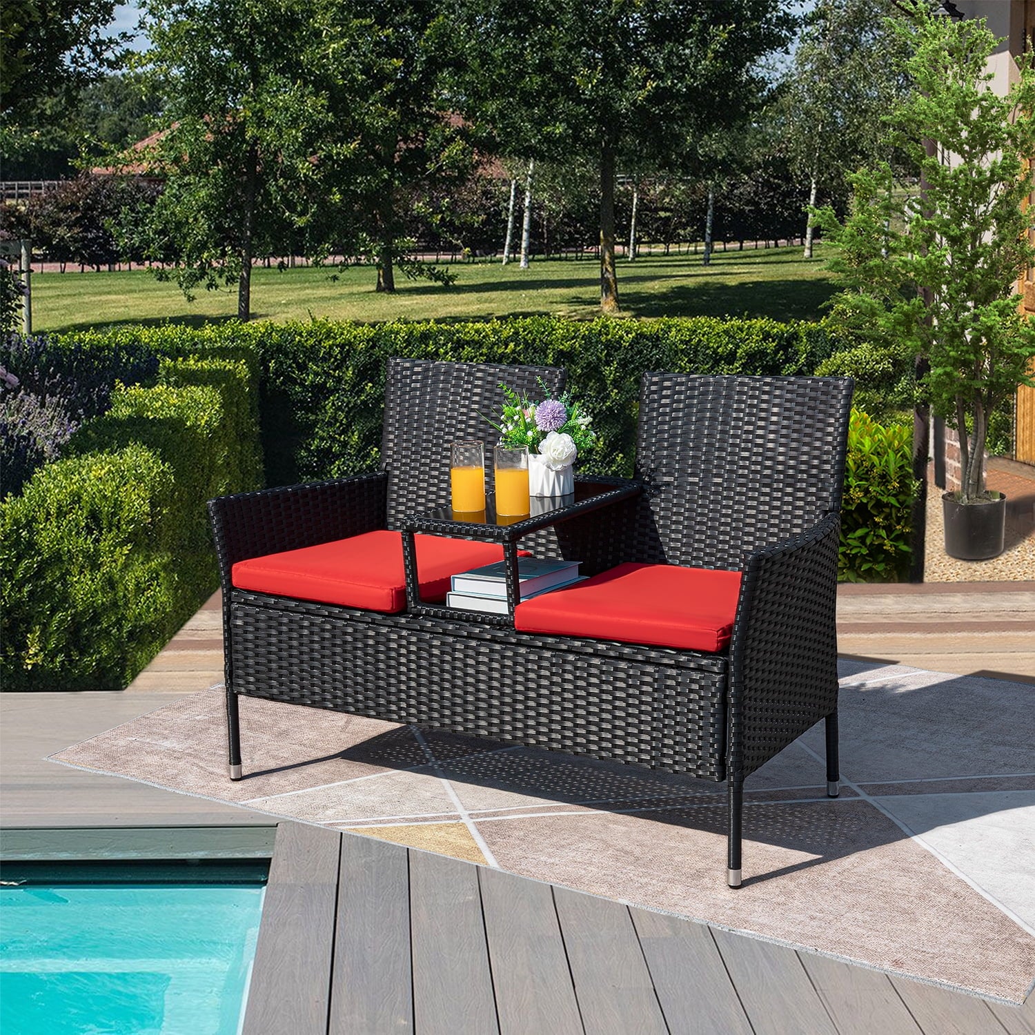 Outdoor Patio Loveseat Modern Rattan Patio Conversation Furniture Set with Cushions and Built-In Coffee Table Porch Furniture for Garden Lawn Backyard, Red