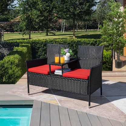 Outdoor Patio Loveseat Modern Rattan Patio Conversation Furniture Set with Cushions and Built-In Coffee Table Porch Furniture for Garden Lawn Backyard, Red